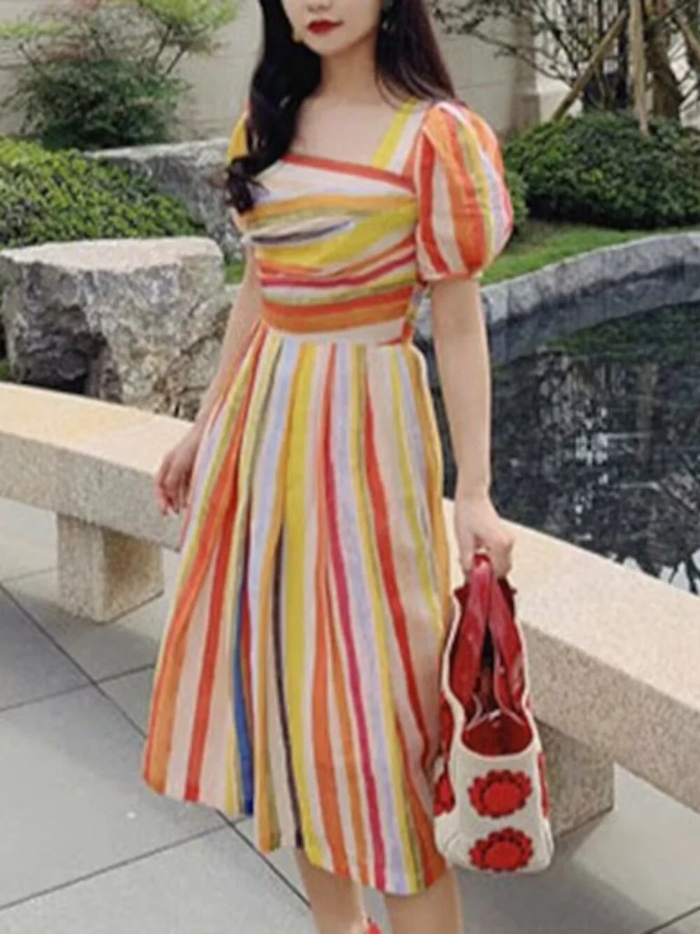 Rainbow Striped Cotton Midi Dress S